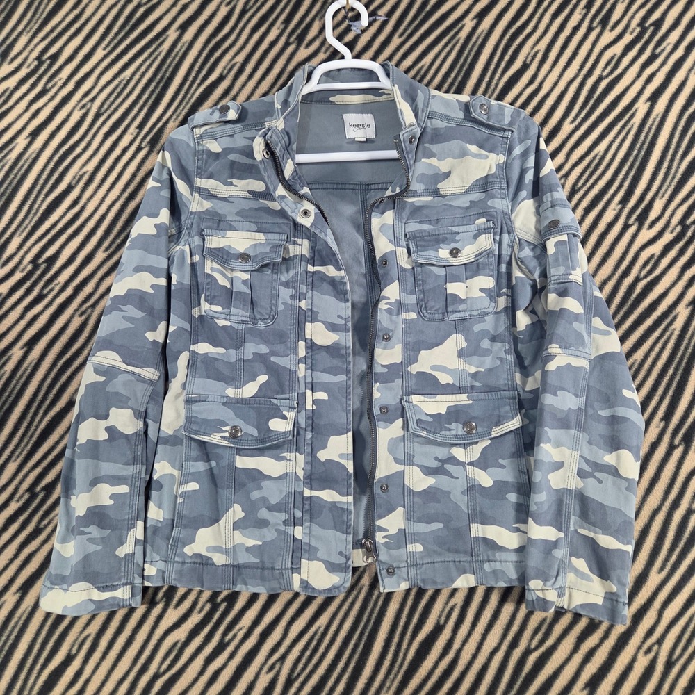 Kensie Jeans Womens Blue Camo Utility Jacket Full Zip Military Field Coat Size M